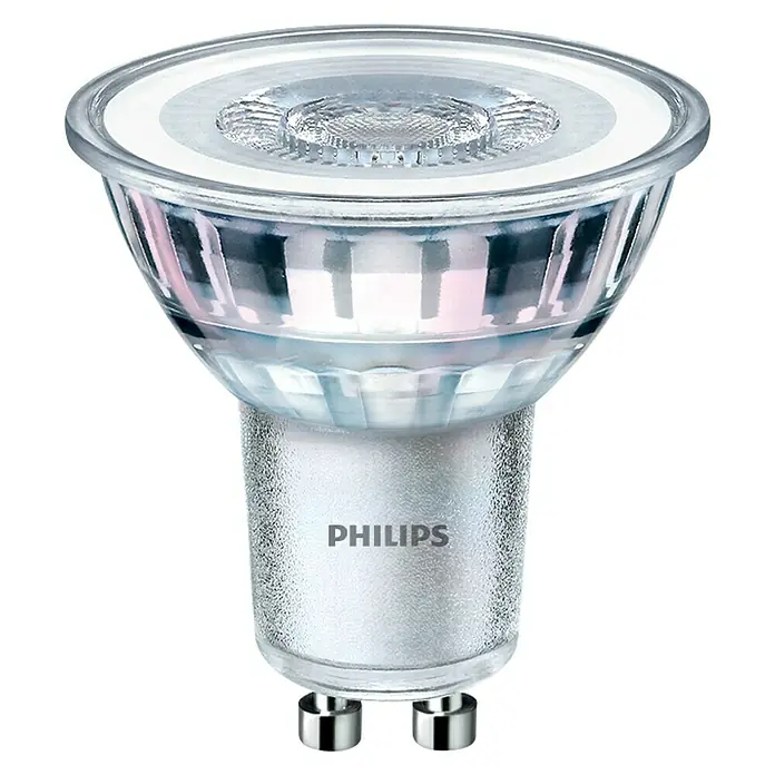 Philips Bombilla LED Classic CW - GU10, No regulable, Blanco frío, 390 lm, 50 W - Primer plano de una lámpara LED Philips con base GU10, perfecta para iluminación de acento y soluciones energéticamente eficientes.