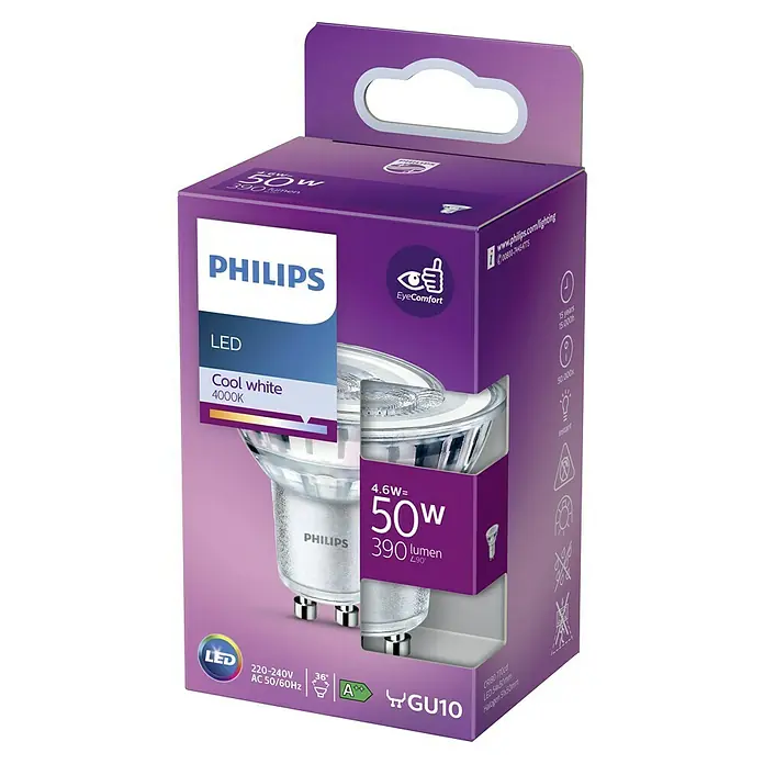 Philips Bombilla LED Classic CW - GU10, No regulable, Blanco frío, 390 lm, 50 W - Primer plano de una bombilla LED Philips de 4,6 W, equivalente a 50 W, con luz blanca fría (4000K) y una vida útil de 15 años.
