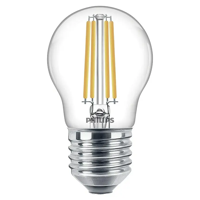 Philips Bombilla LED Classic CW Transparente - E27, No regulable, Blanco frío, 806 lm, 60 W - Primer plano de una bombilla LED Philips con vidrio transparente y diseño de filamento, que ofrece una estética moderna para soluciones de iluminación.