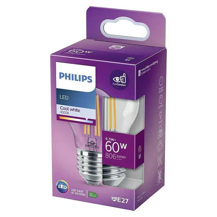 Philips Bombilla LED Classic CW Transparente - E27, No regulable, Blanco frío, 806 lm, 60 W - La imagen muestra una bombilla de filamento LED de Philips en una caja morada. La bombilla es un modelo E27 y tiene una luz blanca fría.