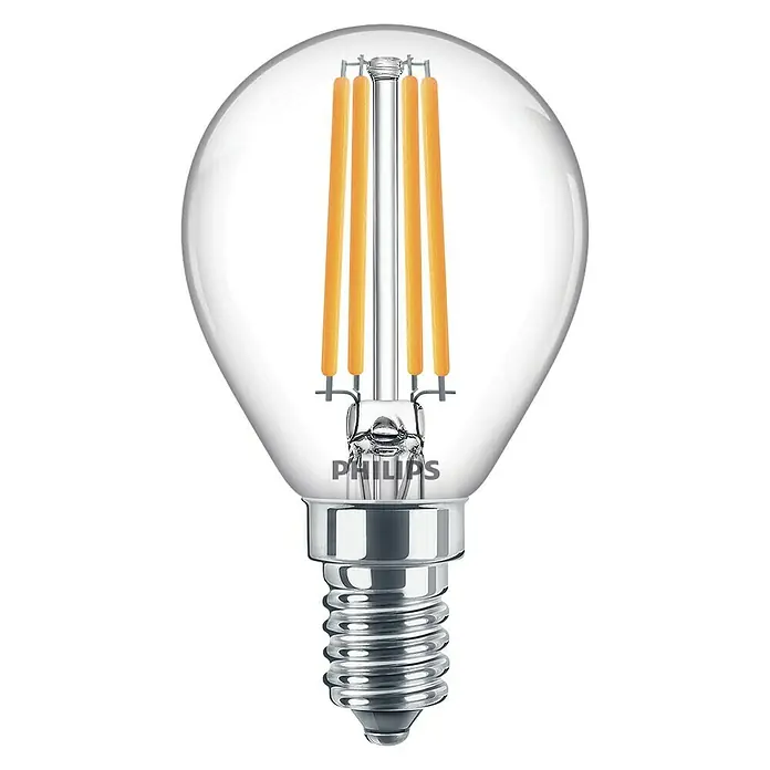 Philips Bombilla LED Vela y lustre CL ND 1PF/10 - E14, No regulable, Blanco frío, 806 lm, 60 W - Primer plano de una bombilla LED Philips con una bombilla de vidrio transparente y filamentos visibles sobre un fondo negro.