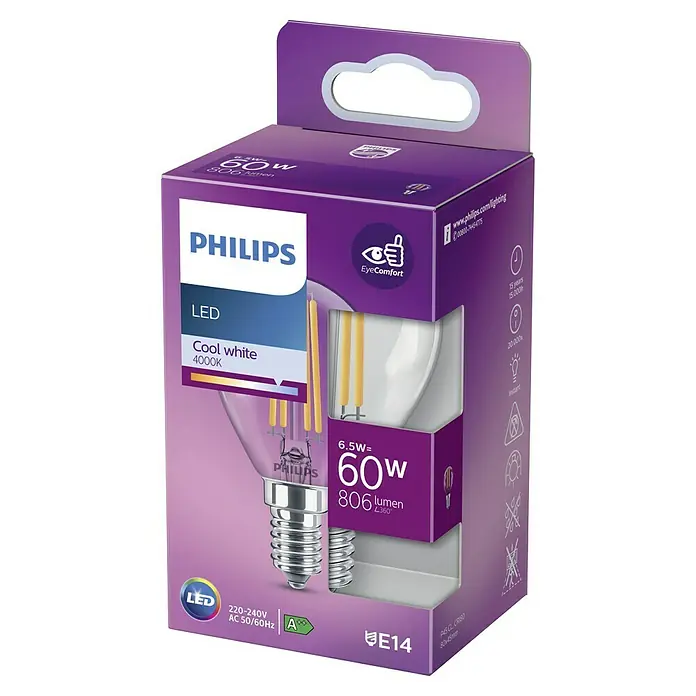 Philips Bombilla LED Vela y lustre CL ND 1PF/10 - E14, No regulable, Blanco frío, 806 lm, 60 W - Primer plano de una bombilla LED Philips (6,5W, equivalente a 60W) que emite una luz blanca cálida, presentada en un embalaje morado.