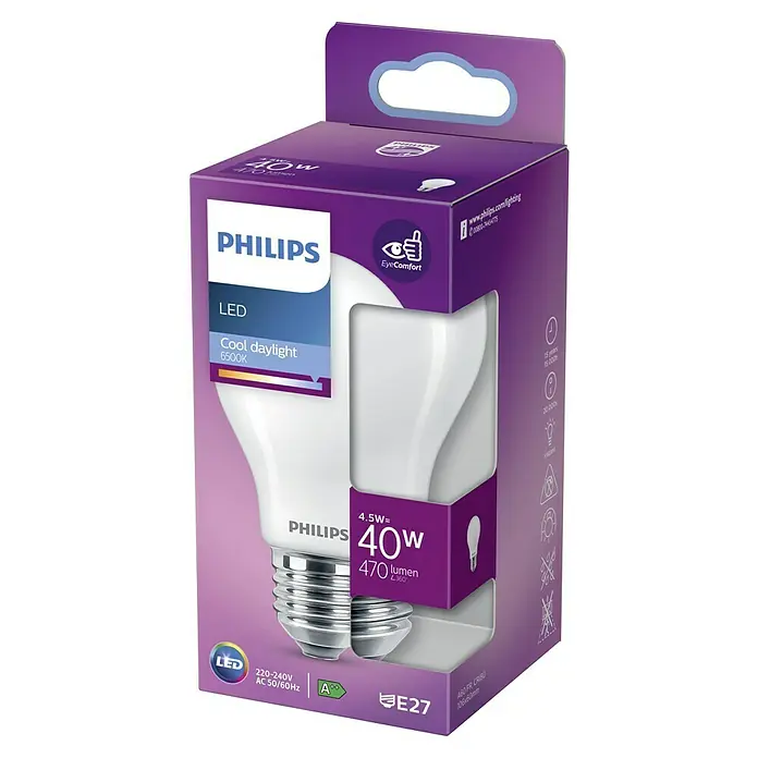 Philips Bombilla LED Classic CDL - E27, No regulable, Blanco diurno, 470 lm, 40 W - Bombilla LED Philips de 4,5W, equivalente a 40W, con 470 lúmenes y base E27, empaquetada en una caja morada y blanca.