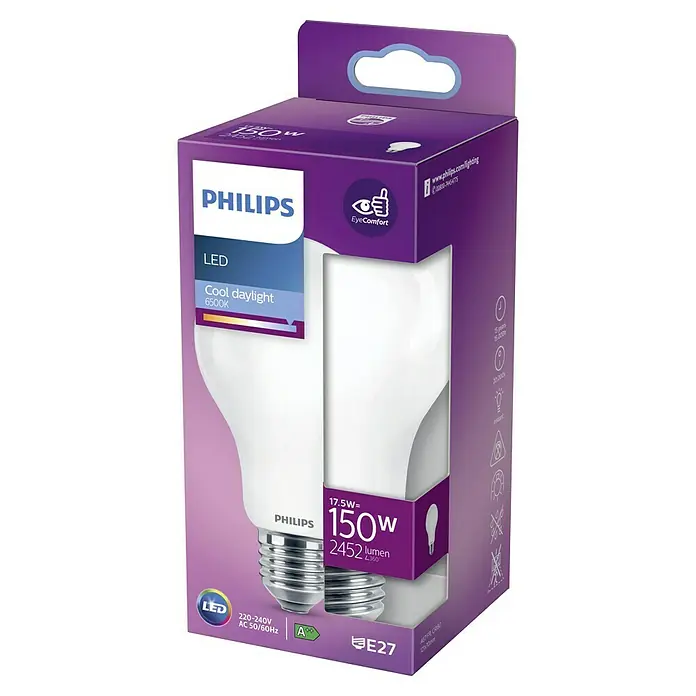 Philips Bombilla LED Classic CDL - E27, No regulable, Blanco diurno, 2.452 lm, 150 W - Primer plano de una bombilla LED Philips con 150W en el empaque.