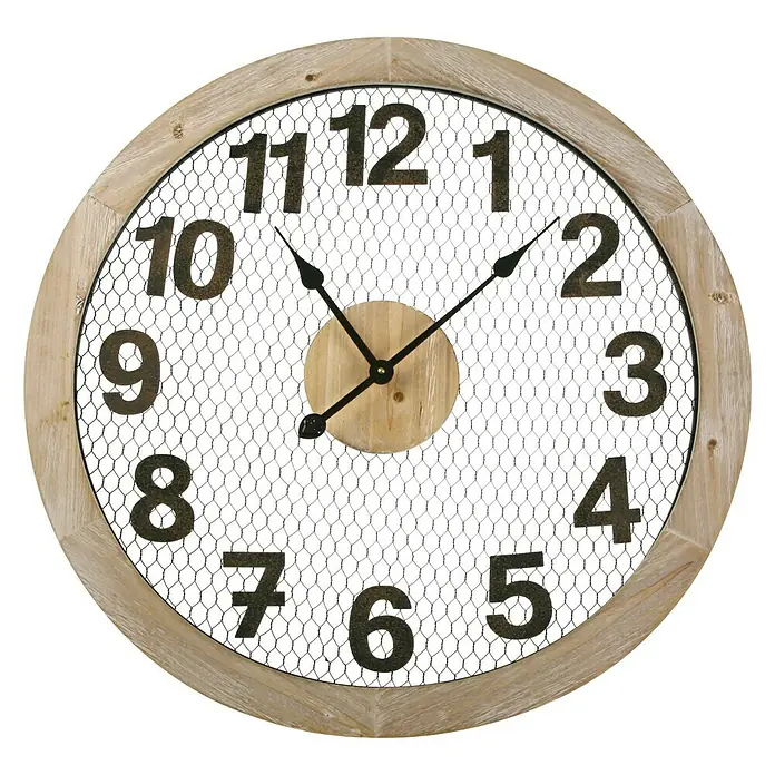 Versa Reloj de pared Madera - Diámetro: 70 cm, Madera - Un reloj de pared redondo con marco de madera, esfera de malla metálica y números grandes y fáciles de leer. La hora se muestra con agujas negras.