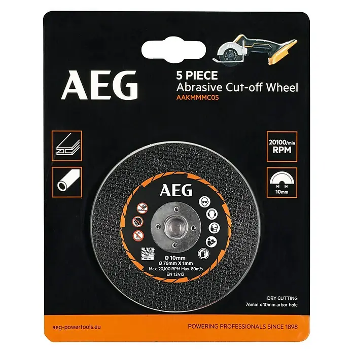 AEG Powertools Trennscheiben-Set AAKMMMC05 - 5 Stk., Passend für: AEG Powertools Akku-Trennschleifer BMMS18SBL - Abbildung einer AEG 5-teiligen Trennscheibe, ideal zum Schneiden von Metall mit einer maximalen Drehzahl von 20100/min.