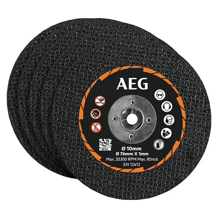 AEG Powertools Trennscheiben-Set AAKMMMC05 - 5 Stk., Passend für: AEG Powertools Akku-Trennschleifer BMMS18SBL - Ein Stapel AEG-Trennscheiben für Metallarbeiten, Durchmesser 76 mm, mit detaillierten Sicherheitsinformationen und Spezifikationen.