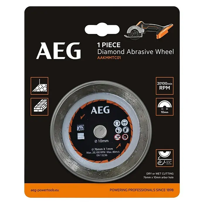 AEG Powertools Diamant-Trennscheibe AAKMMTC01 - Passend für: AEG Powertools Akku-Trennschleifer BMMS18SBL, Durchmesser Scheibe: 76 mm - Bild einer AEG Diamant-Trennscheibe, geeignet für Trocken- oder Nassschnitt, ideal für Profis seit 1898.