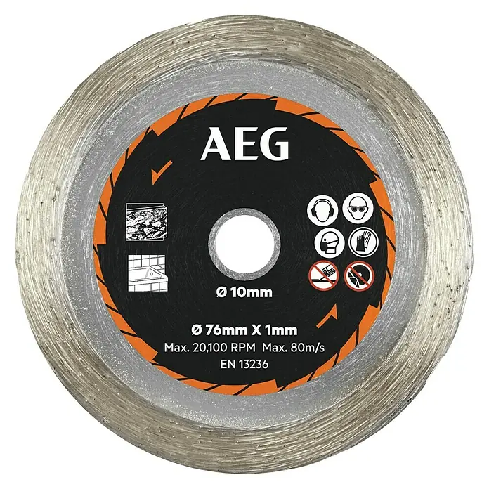 AEG Powertools Diamant-Trennscheibe AAKMMTC01 - Passend für: AEG Powertools Akku-Trennschleifer BMMS18SBL, Durchmesser Scheibe: 76 mm - Nahaufnahme einer AEG Trennscheibe mit einem Durchmesser von 76 mm, geeignet für Materialien wie Fliesen und Keramik.