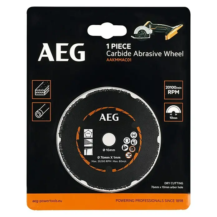 AEG Powertools Trennscheibe AAKMMAC01 - Durchmesser Scheibe: 76 mm - Abbildung einer AEG Hartmetall-Trennscheibe, ideal zum Schneiden verschiedener Materialien.