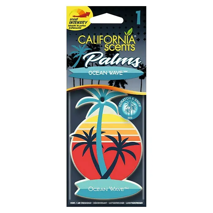 California Scents Autoduft Palms Paper - Ocean Wave, 30 Tage - California Scents Palms "Ocean Wave" Lufterfrischer mit Palmenmotiv und "Scratch & Sniff" Funktion für ein tropisches Dufterlebnis.