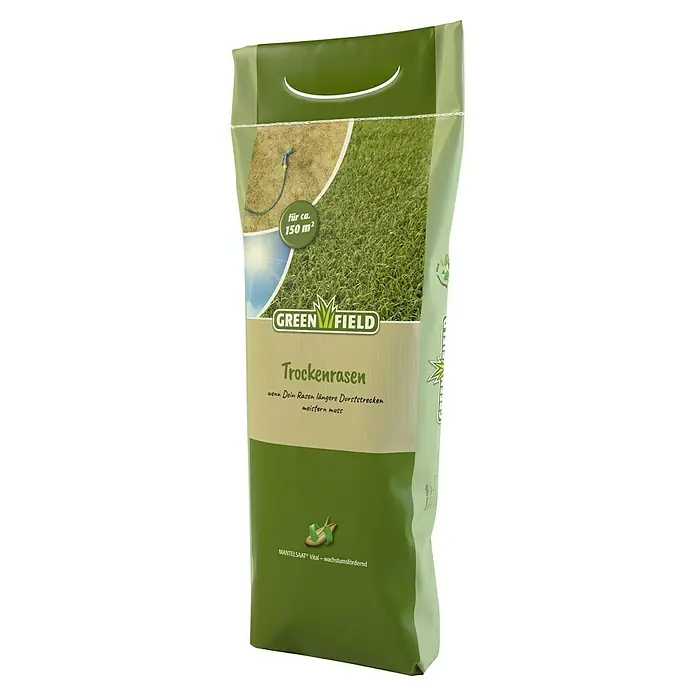 Greenfield Rasensamen Trockenrasen - 5 kg, 150 m² - Eine Packung GreenField Trockenrasen-Samen, ideal für trockene Rasenflächen bis zu 150 m², mit Vital-Mantelsaat für optimales Wachstum.