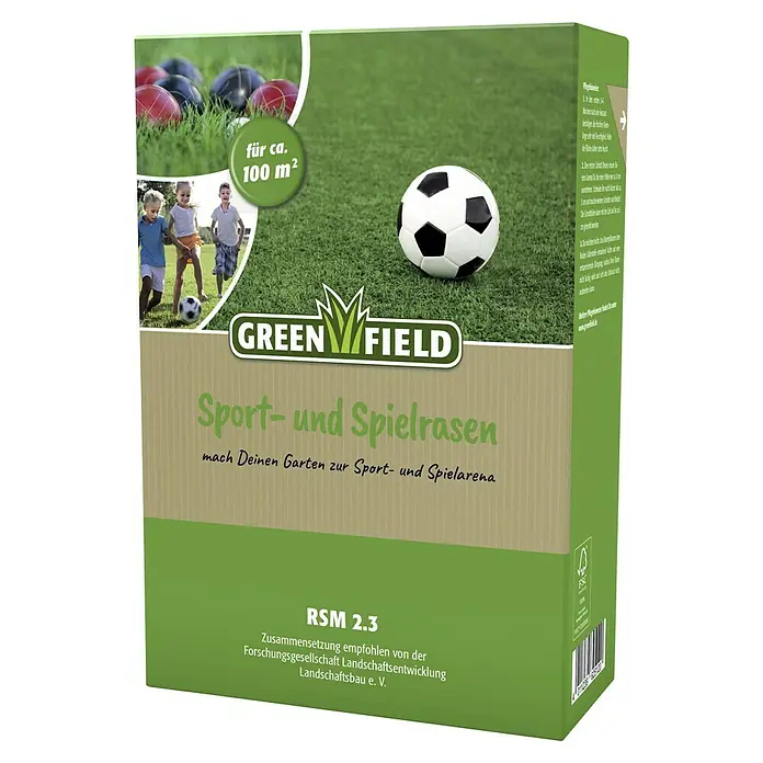 Greenfield Rasensamen Spiel- & Sportrasen - 2 kg, 100 m² - Bild einer GreenField Sport- und Spielrasen-Packung mit einer Rasenfläche, einem Fußball und spielenden Kindern im Hintergrund.