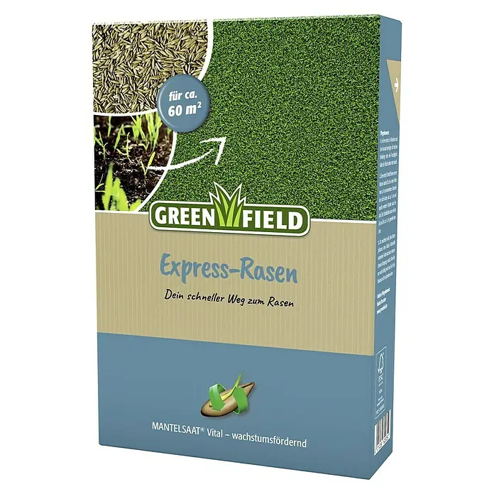 Greenfield Rasensamen Express-Rasen - 1 kg, 60 m² - Bild einer Packung Green Field Express-Rasensamen, geeignet für ca. 60 m² Fläche, zur schnellen Rasenanlage und wachstumsfördernd.