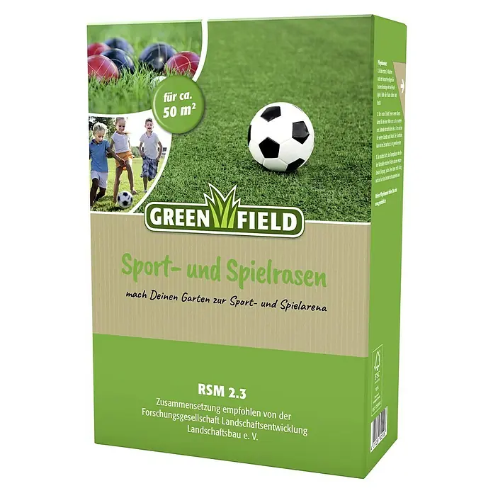 Greenfield Rasensamen Spiel- & Sportrasen - 1 kg, 50 m² - Verpackung von Greenfield Sport- und Spielrasen, ideal für Sport und Spiel im Garten, geeignet für ca. 50 m².
