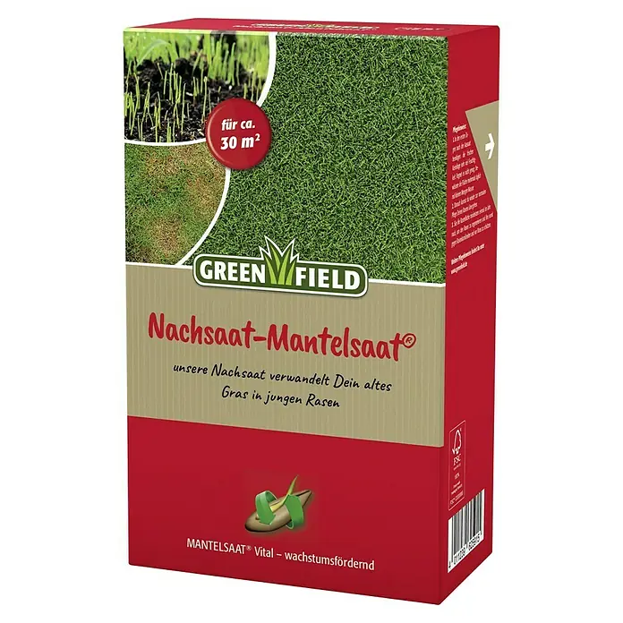 Greenfield Nachsaat-Rasen Mantelsaat - 0,5 kg, 30 m² - Bild einer Packung Green Field Nachsaat-Mantelsaat, ein Produkt zur Rasenerneuerung, das altes Gras in jungen Rasen verwandelt.