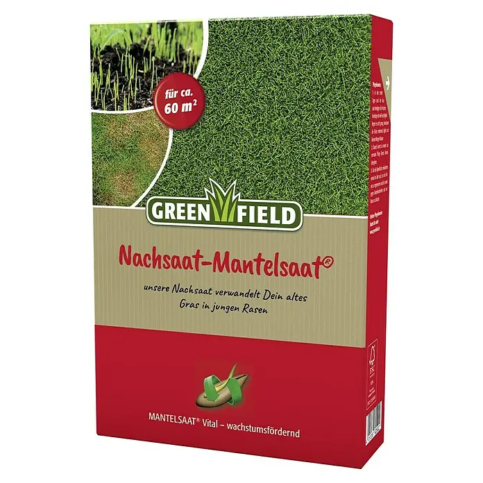 Greenfield Nachsaat-Rasen Mantelsaat - 1 kg, 60 m² - Rasensamenpackung von Greenfield, geeignet für ca. 60 m² Fläche. Ideal zur Reparatur und Erneuerung Ihres Rasens.