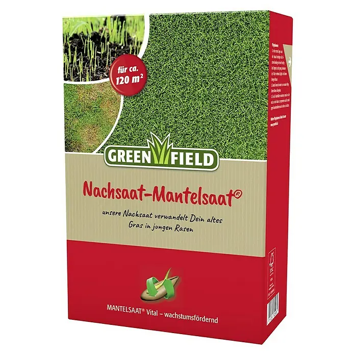 Greenfield Nachsaat-Rasen Mantelsaat - 2 kg, 120 m² - Abbildung einer Packung GreenField Nachsaat-Mantelsaat® zur Rasenerneuerung für ca. 120 m² Fläche.