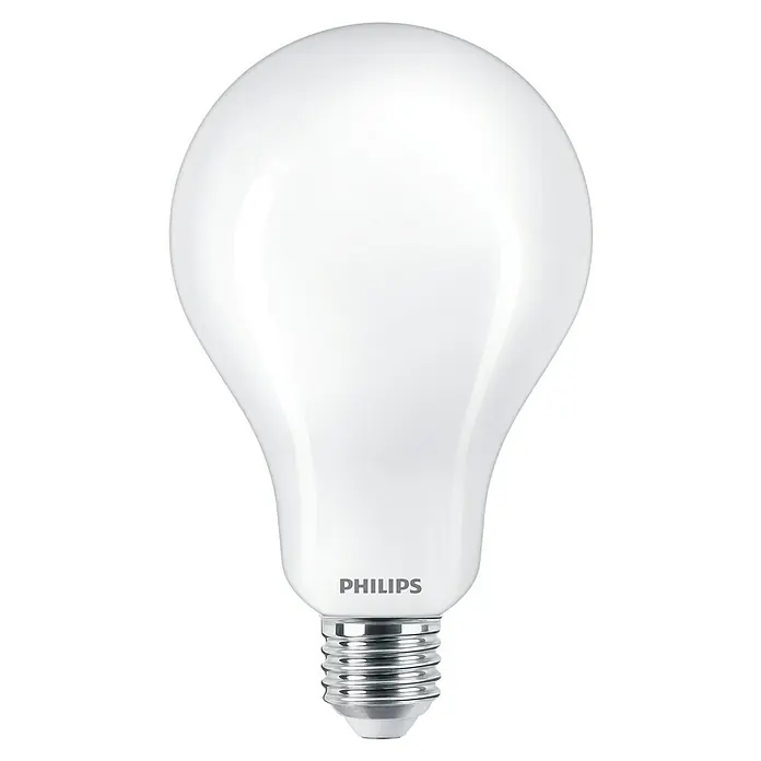Philips Bombilla LED Classic CW - E27, No regulable, Blanco frío, 3.452 lm, 200 W, Redonda - Imagen de una bombilla LED blanca Philips con base E27 sobre un fondo negro, que proporciona iluminación energéticamente eficiente.