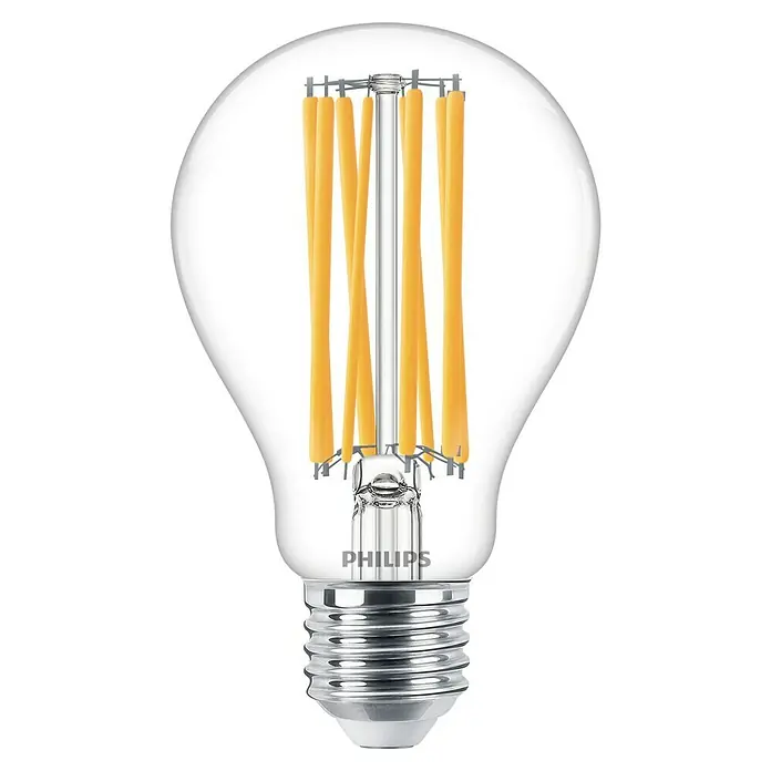 Philips Bombilla LED Classic CW - E27, No regulable, Blanco frío, 2.452 lm, 150 W - Primer plano de una bombilla LED Philips con cristal transparente y filamentos visibles.