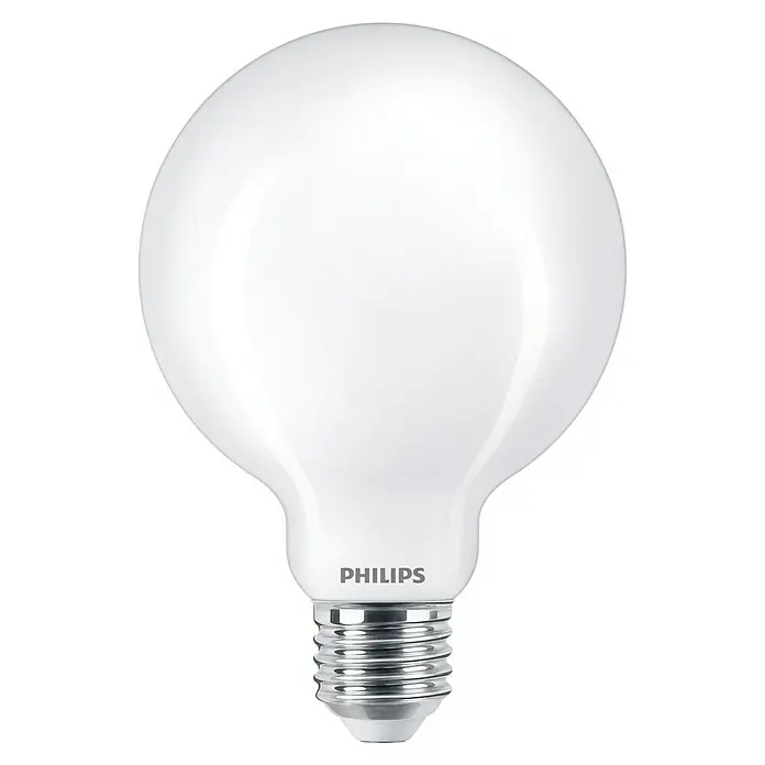 Philips Bombilla LED Classic CW - E27, No regulable, Blanco frío, 806 lm, 60 W, Globo - Primer plano de una bombilla LED Philips mate con forma de globo y base plateada sobre fondo negro.