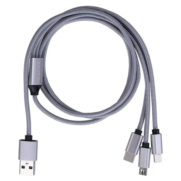 BAUHAUS USB-Ladekabel - Silber, 3 m, USB A-Stecker, USB C-Stecker, USB Micro-Stecker, Lightning-Stecker - Graues Bauhaus-Mehrfach-Ladekabel mit USB-, USB-C-, Micro-USB- und Lightning-Anschlüssen für vielseitige Gerätekompatibilität.