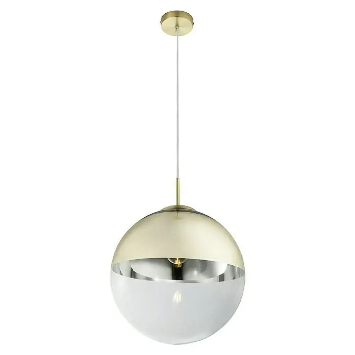 Globo Lámpara colgante Varus - Altura: 120 cm, Oro, 1 ud. - Lámpara colgante con pantalla hemisférica, dorada en la parte superior, blanca en la inferior, que cuelga de una varilla delgada.