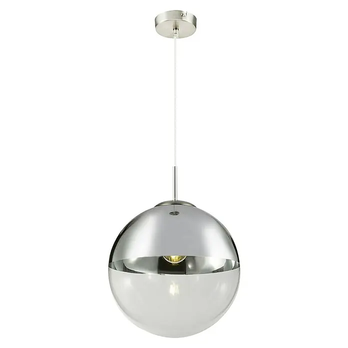 Globo Lámpara colgante redonda Varus - 40 W, Ø x Al: 330 mm x 120 cm, Cromo, E27 - Elegante lámpara colgante con una superficie hemisférica espejada y un difusor para una iluminación suave.