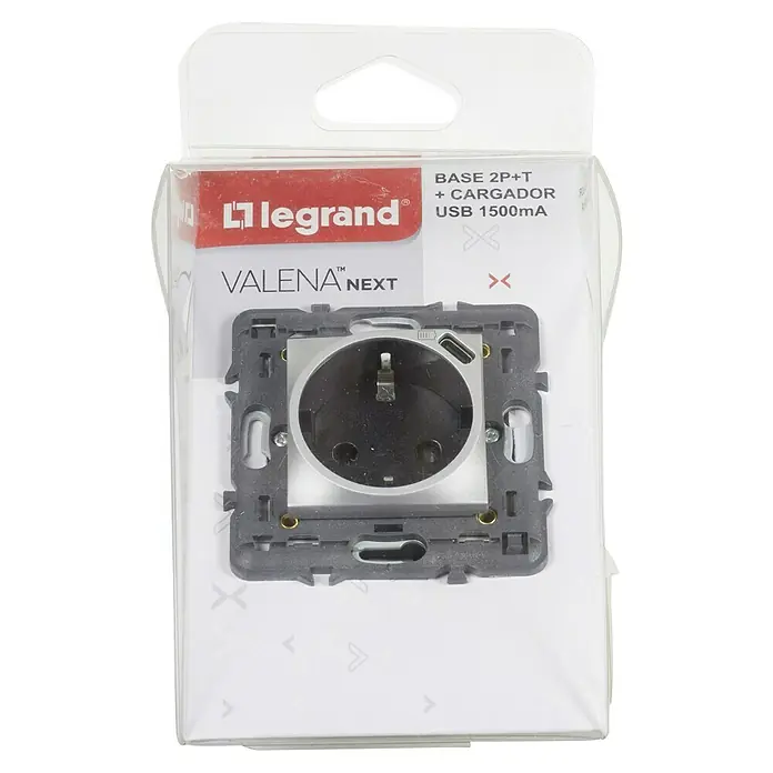 Legrand Valena Next Enchufe con USB - Aluminio, Metal, 16 A - Imagen de un enchufe Legrand Valena Next 2P+T con cargador USB (1500mA) en su embalaje original.