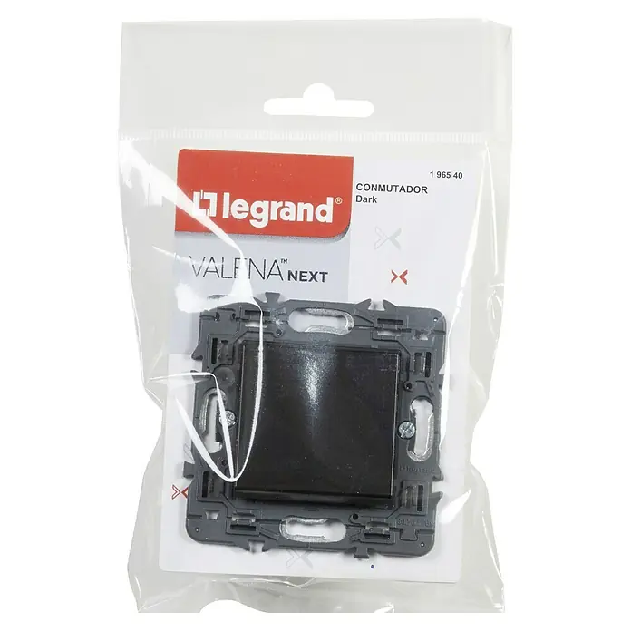 Legrand Valena Next Conmutador - Negro, Instalar, Plástico, 10 A - Interruptor oscuro Legrand Valena Next, empaquetado en un blíster de plástico transparente con logotipo rojo e información del producto.