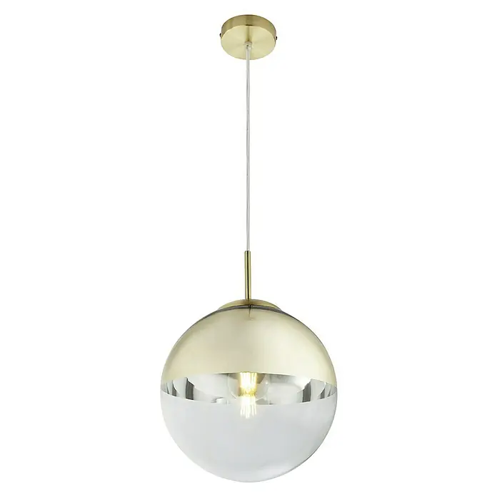 Globo Lámpara colgante redonda Varus - 40 W, Ø x Al: 250 mm x 120 cm, Oro, E27 - Elegante lámpara colgante con hemisferio dorado y difusor transparente, que emite una luz cálida. Perfecta para interiores modernos.