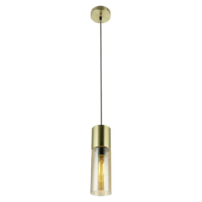 Globo Annika Lámpara colgante - 25 W, Ø x Al: 10,5 x 152,5 cm, Oro, E27 - Una lámpara colgante elegante con una pantalla dorada y un cilindro de vidrio transparente. Perfecta para interiores modernos.
