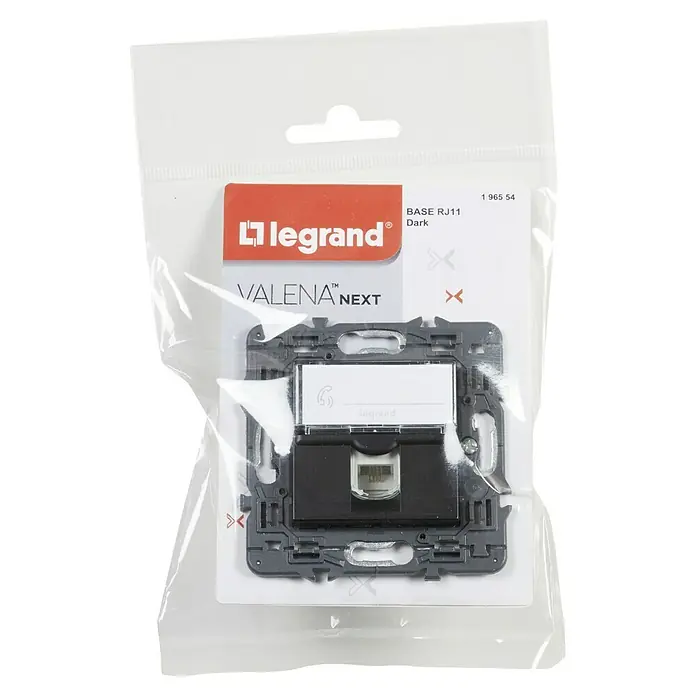 Legrand Valena Next Toma de teléfono RJ11 - Negro, Instalar - Se muestra una toma de teléfono Legrand Valena Next BASE RJ11 Dark empaquetada, con un marco de montaje y el logotipo de Legrand en rojo y blanco.