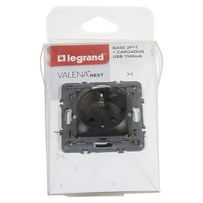 Legrand Valena Next Enchufe con USB - Negro, Metal, 16 A - Primer plano de un enchufe eléctrico Legrand Valena Next con carga USB, empaquetado para la venta al por menor.