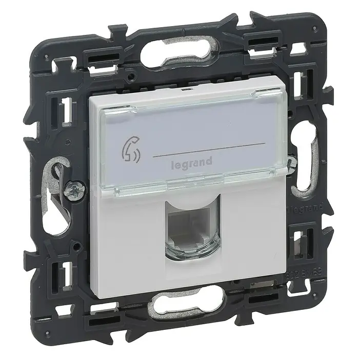 Legrand Valena Next Toma de teléfono RJ11 - Blanco, Instalar - Primer plano de una toma de teléfono Legrand, diseñada para conexiones de voz claras y una fácil instalación.