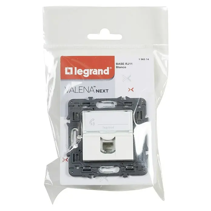Legrand Valena Next Toma de teléfono RJ11 - Blanco, Instalar - Primer plano de una base RJ11 Legrand Valena Next blanca, empaquetada. Ideal para conexiones telefónicas modernas.