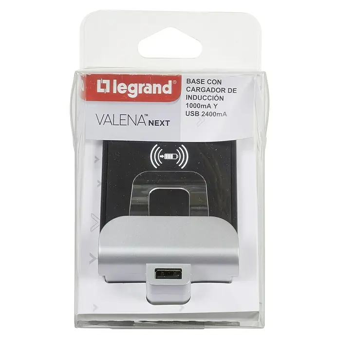 Legrand Valena Next Cargador por inducción + USB - Aluminio - Imagen del producto del cargador Legrand Valena Next con inducción y conexión USB en el embalaje.