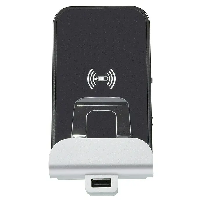 Legrand Valena Next Cargador por inducción + USB - Aluminio - Una imagen de un cargador inalámbrico negro con un puerto USB plateado en la parte inferior. Tiene un símbolo de batería de carga inalámbrica.