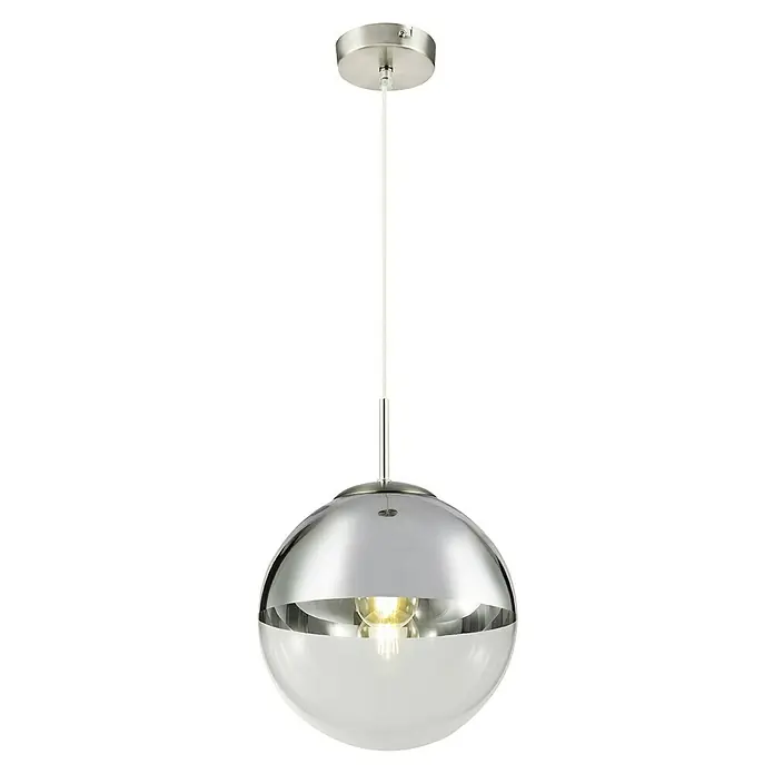 Globo Lámpara colgante redonda Varus - 40 W, Ø x Al: 250 mm x 120 cm, Cromo, E27 - Lámpara colgante moderna con pantalla cromada y parte inferior transparente, emitiendo un brillo cálido.