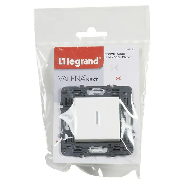 Legrand Valena Next Conmutador con luz - Blanco, Plástico, 10 A - Un interruptor de luz Legrand Valena Next blanco empaquetado, perfecto para interiores modernos.
