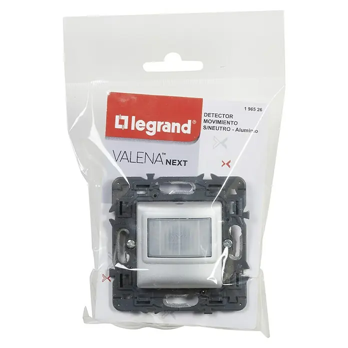 Legrand Valena Next Detector de movimiento por infrarrojos Eco - Aluminio - Primer plano de un detector de movimiento Legrand Valena Next empaquetado, ideal para domótica y ahorro de energía.