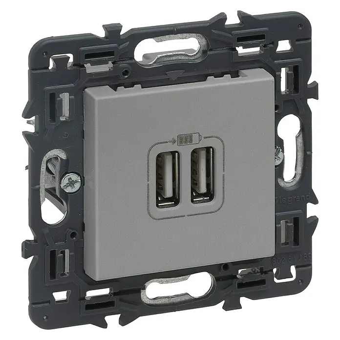 Legrand Valena Next Cargador USB - Aluminio - Primer plano de un enchufe USB de Legrand con dos puertos en gris, perfecto para cargar dispositivos.