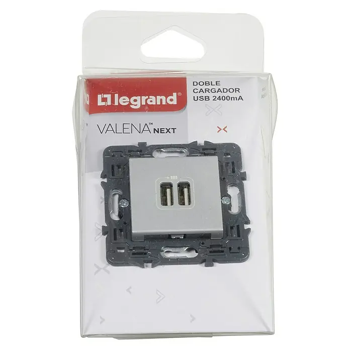 Legrand Valena Next Cargador USB - Aluminio - Cargador USB doble Legrand Valena Next 2400mA en su embalaje original.