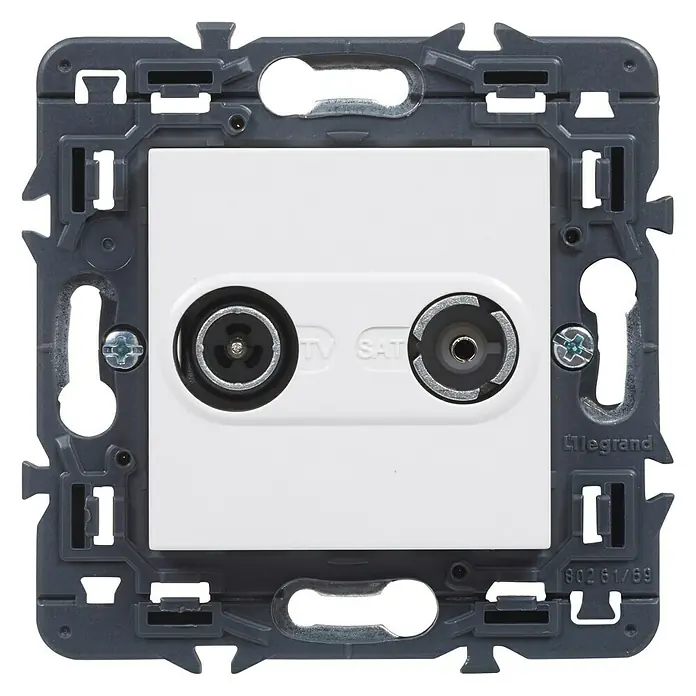 Legrand Valena Next Pieza insertada para caja de antena Intermedia - x 2, Blanco - Una toma de antena TV/SAT Legrand blanca, enmarcada en gris, diseñada para conectar señales de televisión y satélite.