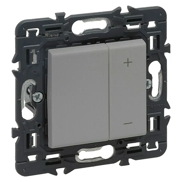 Legrand Valena Next Regulador luminoso Universal - Aluminio, Plástico, Instalar - Primer plano de un interruptor regulador Legrand con signos más y menos para control de luz.