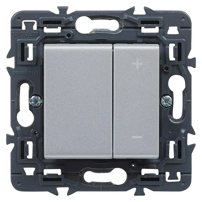 Legrand Valena Next Regulador luminoso Universal - Aluminio, Plástico, Instalar - Primer plano de un interruptor de doble regulador Legrand en gris. El interruptor de la luz tiene dos botones, uno con un signo más y otro con un signo menos.