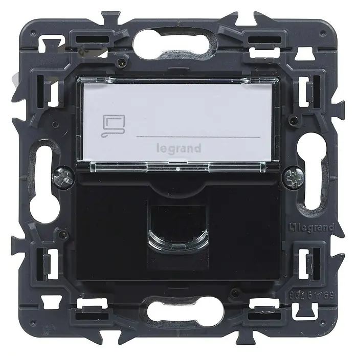 Legrand Valena Next Toma de red RJ45 - Negro, x 1, Metal, Instalar - Primer plano de un soporte de interruptor Legrand que muestra un diseño robusto y un etiquetado claro, perfecto para instalaciones eléctricas.