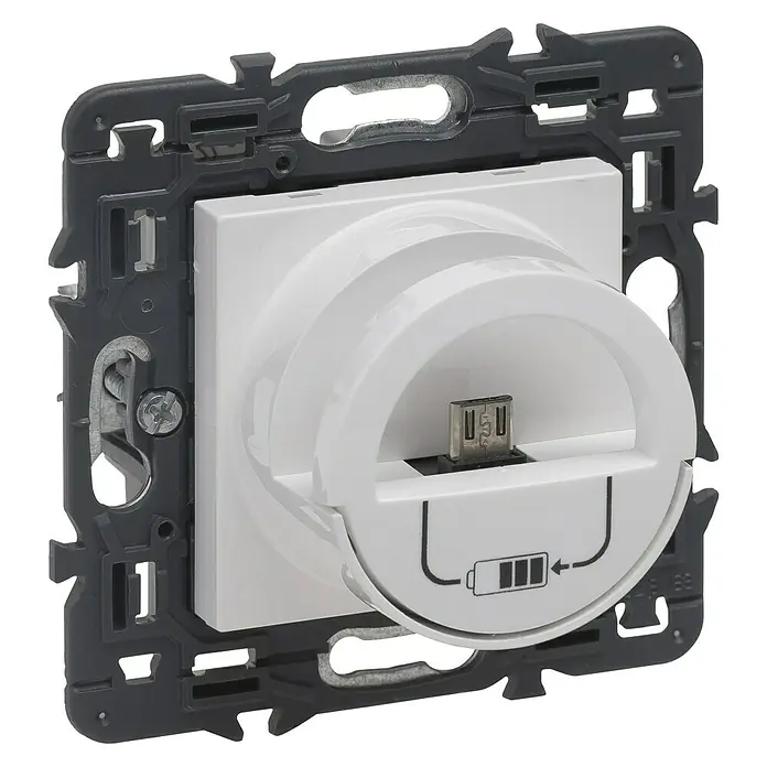 Legrand Valena Next Conector USB Dock station - 2,4 A, Blanco - Primer plano de una toma de pared USB blanca con soporte gris para alimentar dispositivos electrónicos.