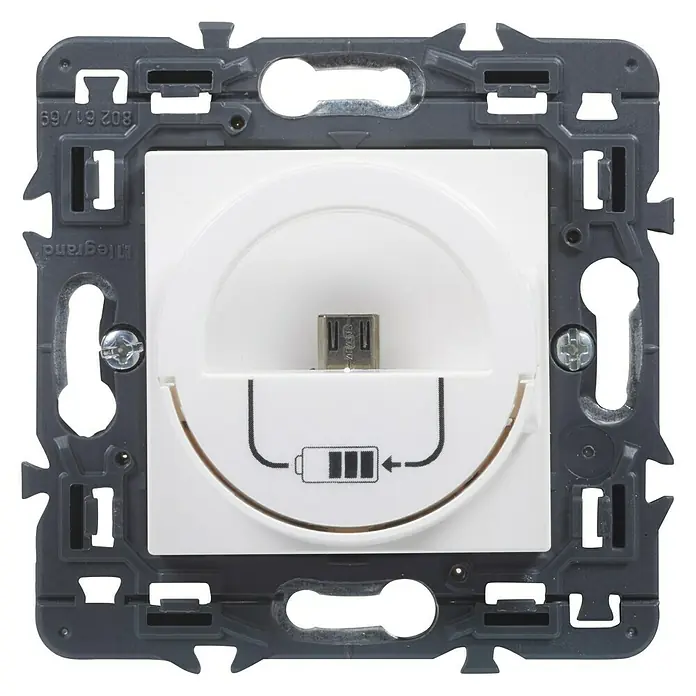 Legrand Valena Next Conector USB Dock station - 2,4 A, Blanco - Primer plano de un enchufe de carga USB Legrand en blanco con marco. Ideal para cargar dispositivos electrónicos en casa.