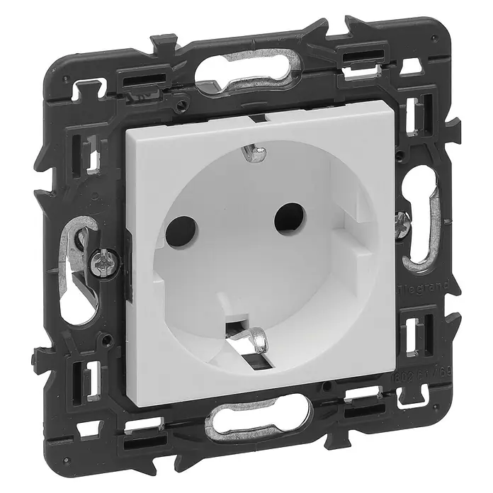 Legrand Valena Next Enchufe - Blanco, Plástico, Colocar - Primer plano de una toma de corriente blanca Legrand con marco negro, diseñada para energía eléctrica interior.